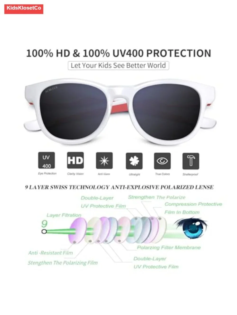 Kids Unbreakable TPEE Frame Sport Sunglasses Polarized UV400 for Boys Girls 5-13